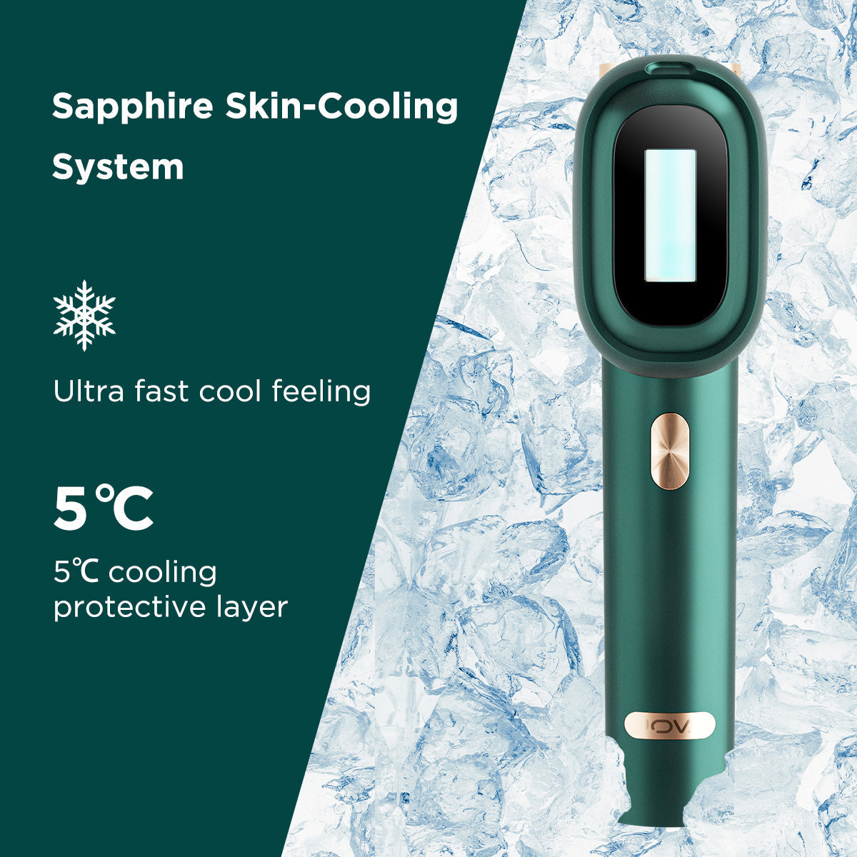 JOVS Venus Pro II IPL Hair Removal Device's Sapphire Skin-Cooling System for Fast Cooling Sensation and Protection.