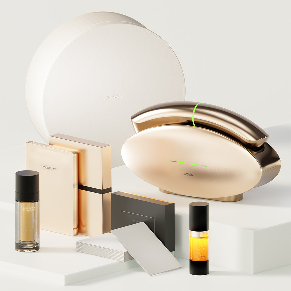 Bundle of JOVS Slimax Microcurrent Device with skin care products, showcasing the synergy of microcurrent facial therapy.
